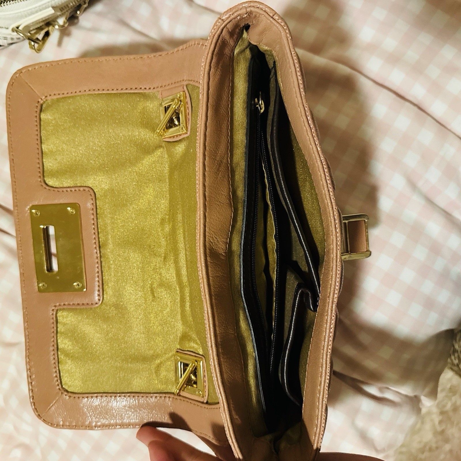 Women’s Tan Quilted Shoulder Bag Gold Chain Strap Turn Lock, Detachable, Pockets