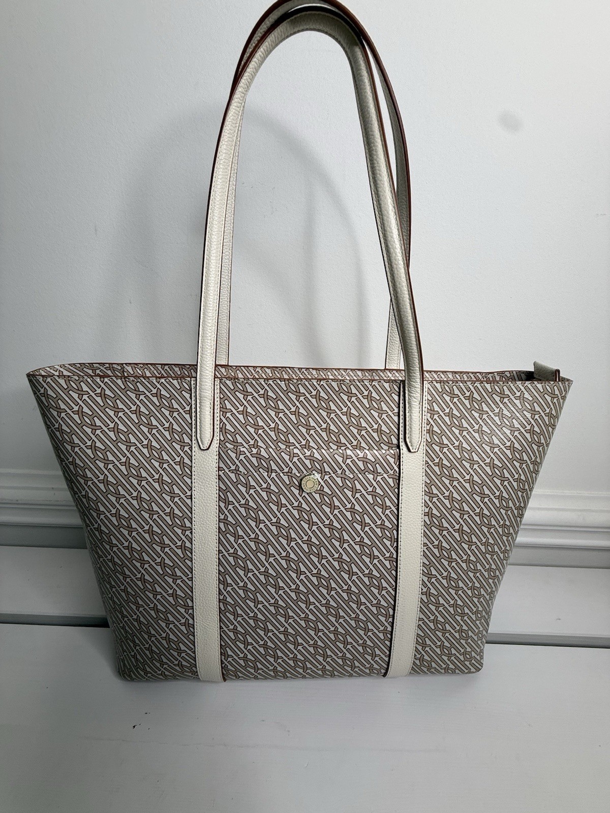 Cole Haan Grand Series Monogram Tote Bag Ivory Tan Shoulder Shopper Large
