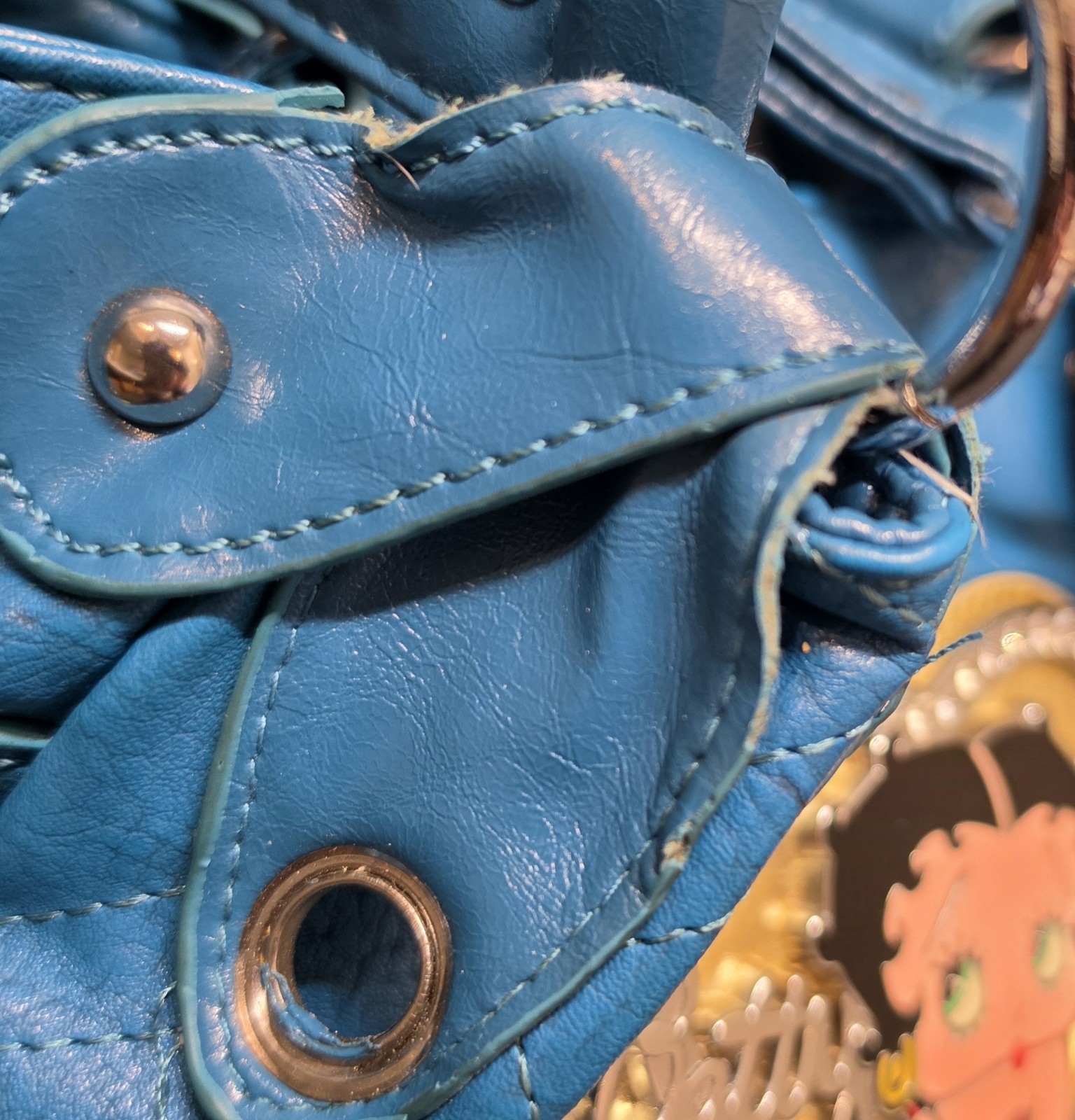 Betty Boop Blue Studded Rhinestone Logo Zip Shoulder Bag Detachable Strap