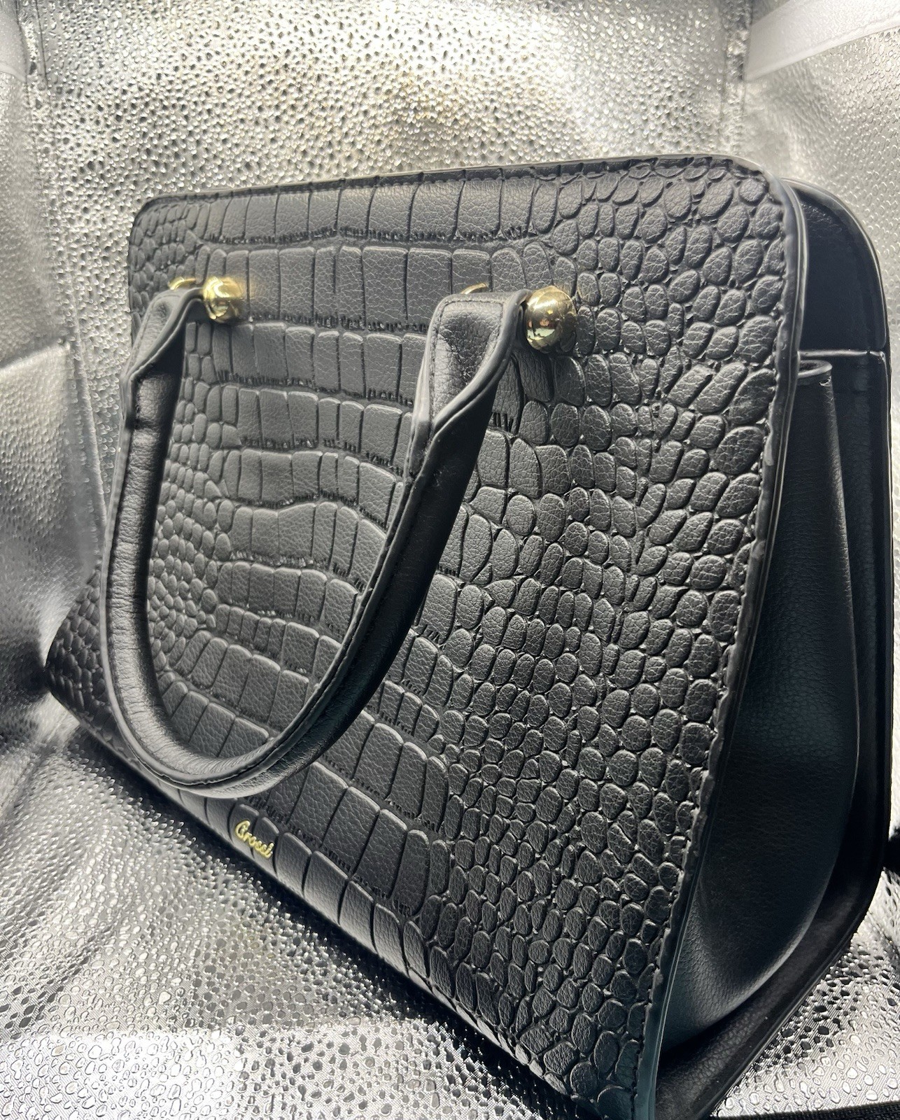 Women’s Black Croc Embossed Satchel Top Handle Zip w/ Gold-Tone Hardware Charm