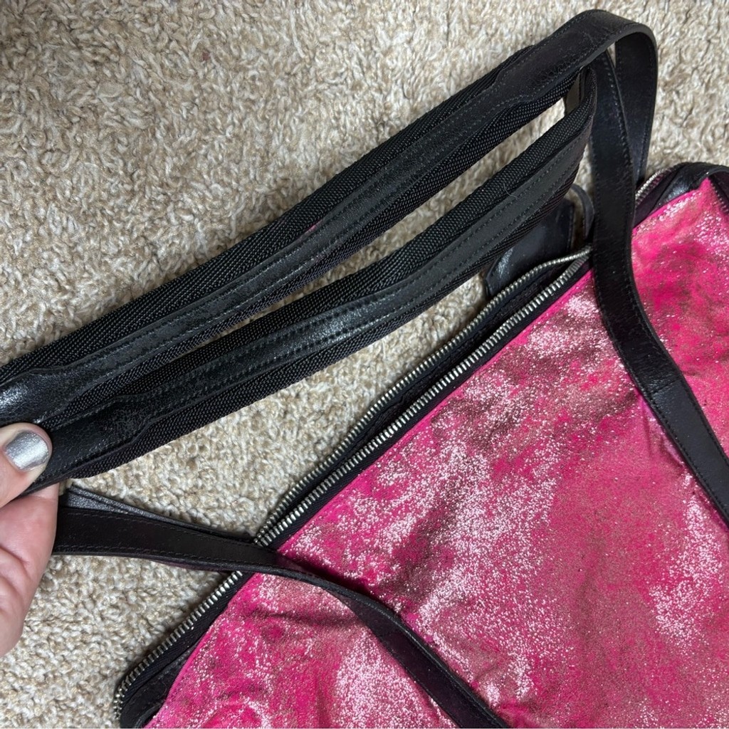 Prada Tessudo pink nylon black leather upcycled glitter zipper tote lock key GUC