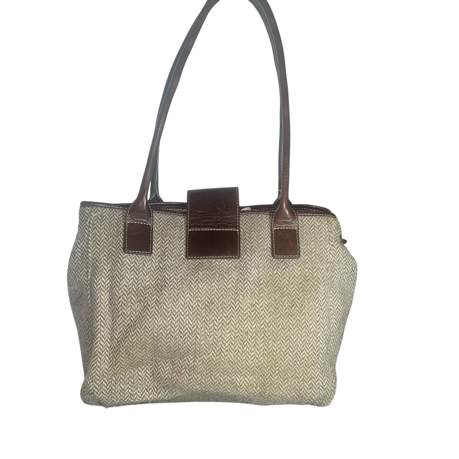 Lands’ End Wool Blend Tote Bag Brown Leather Trim Tassel Accent