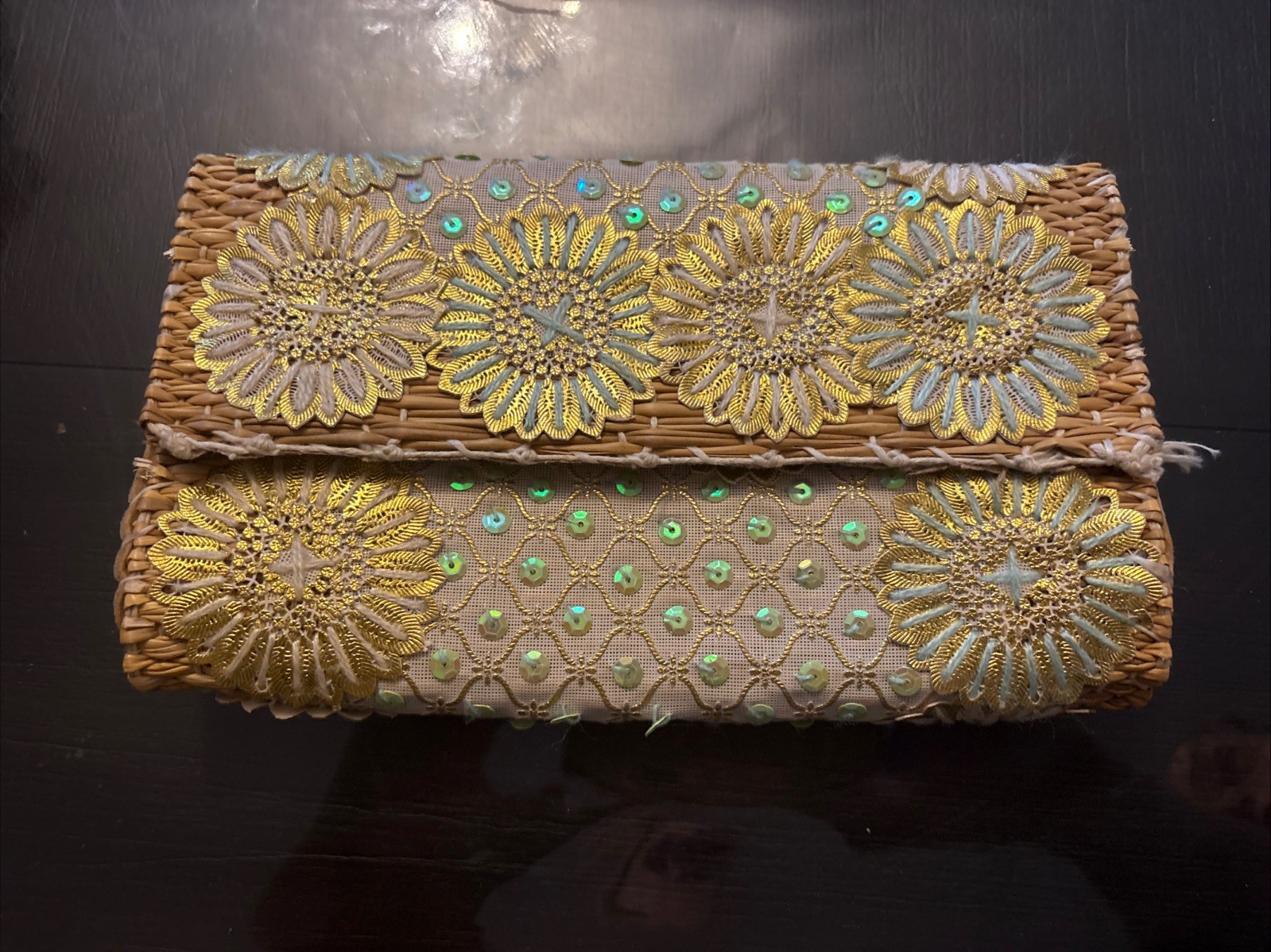 Laurence Heller Moroccan Evening Clutch, 80% Straw/20% Wool, Blue&Gold, 9×5.5 In