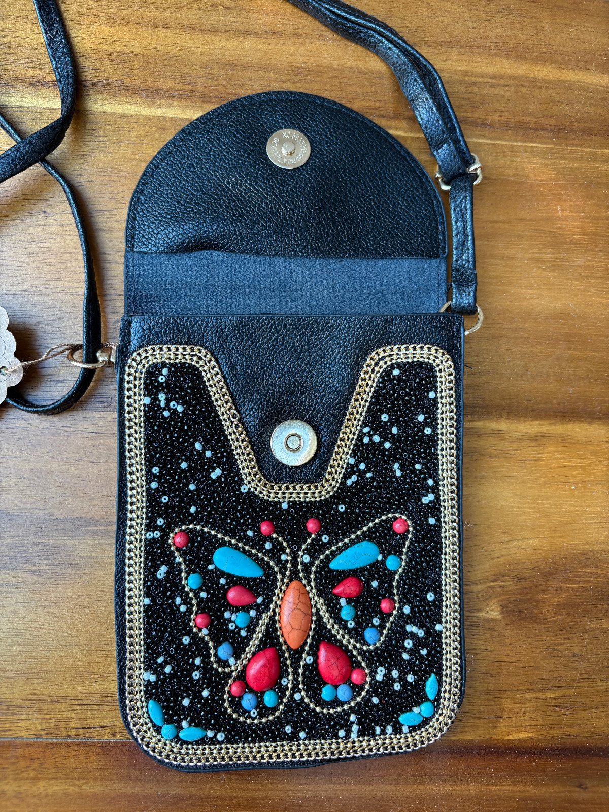 NWT Butterfly Beaded Crossbody Leather Bag – Handmade Bohemian – 7.5 x 5.5 In