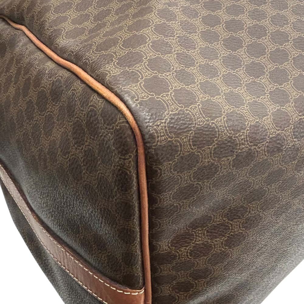 Auth CELINE Macadam Boston Bag Brown Leather Canvas Travel Gold w/Shoulder Strap