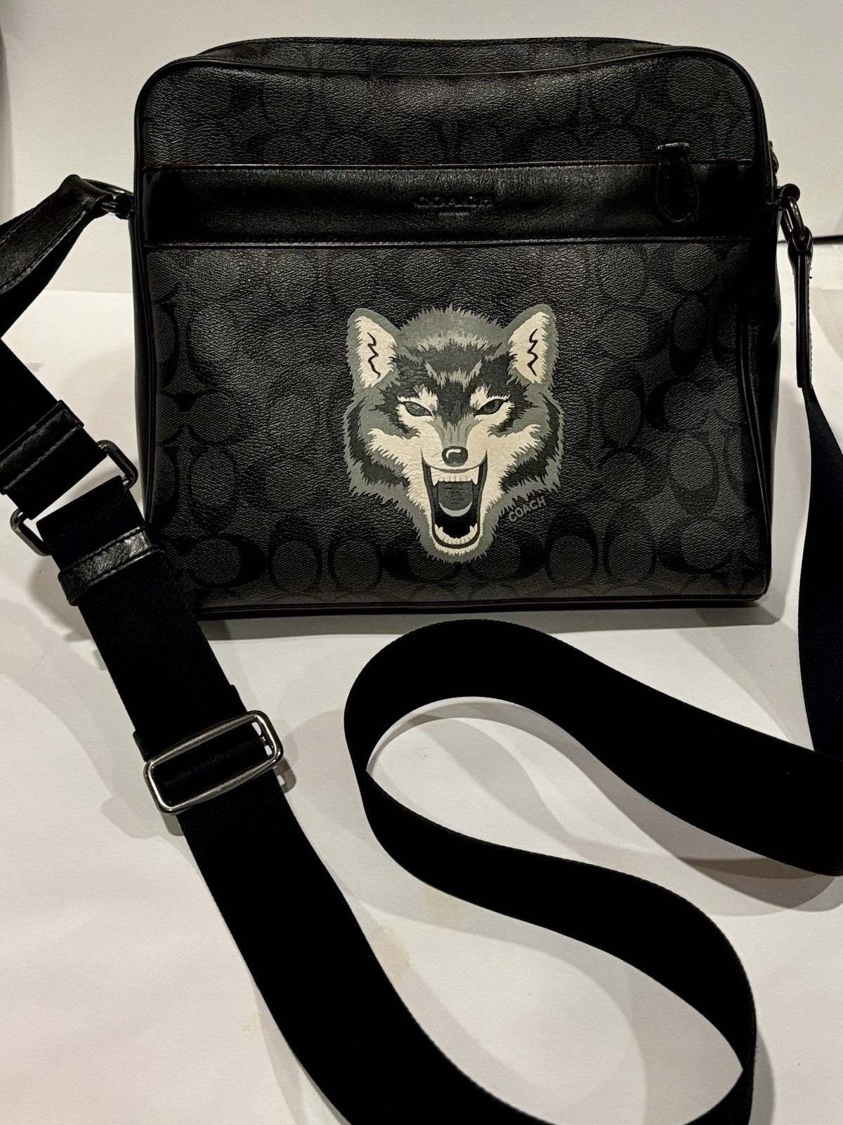 Coach Charles Camera Bag Signature Canvas Wolf Graphic Charcoal Black Crossbody