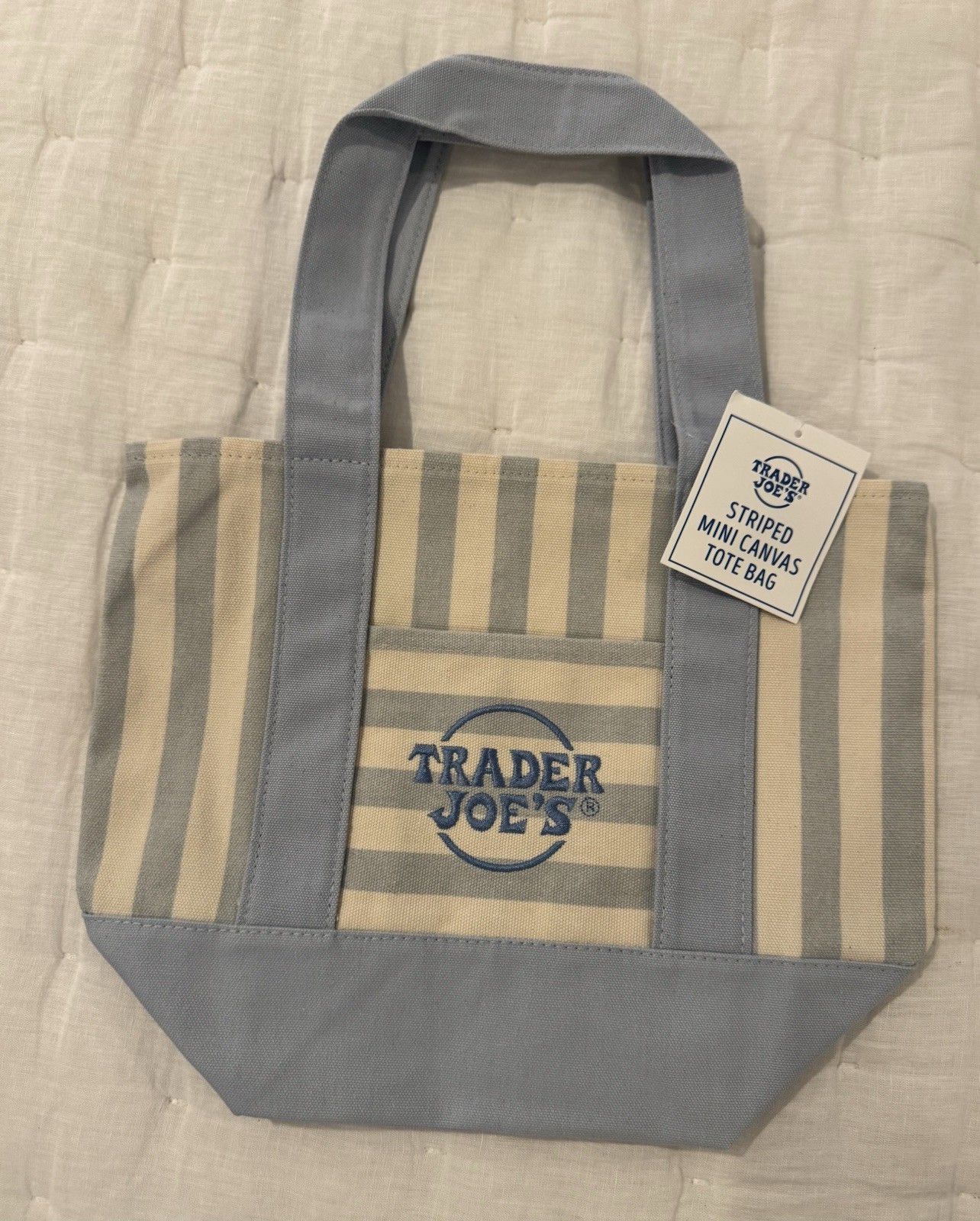 Trader Joe’s New 2026 Released Striped Canvas Mini Tote Bag Baby Blue