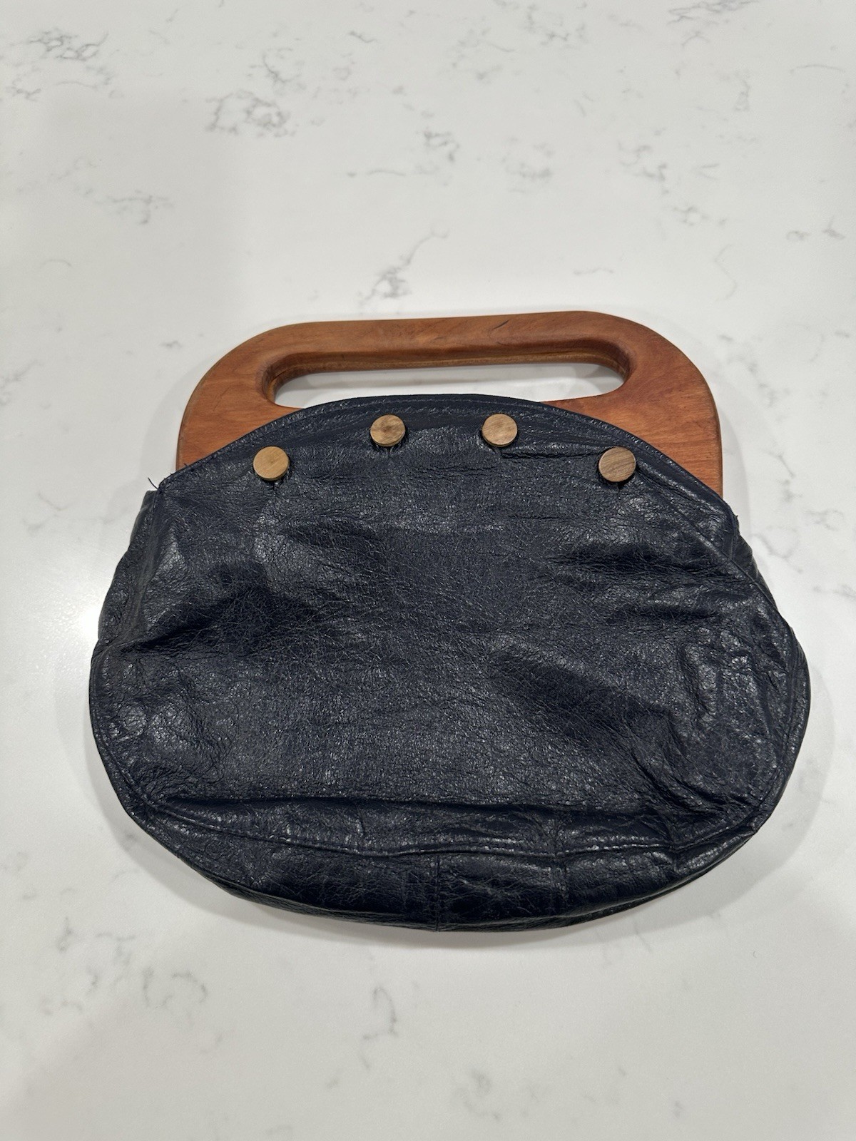 Rare 1970s Vintage Preppy Navy Leather Wooden Handle Bermuda Bag Purse