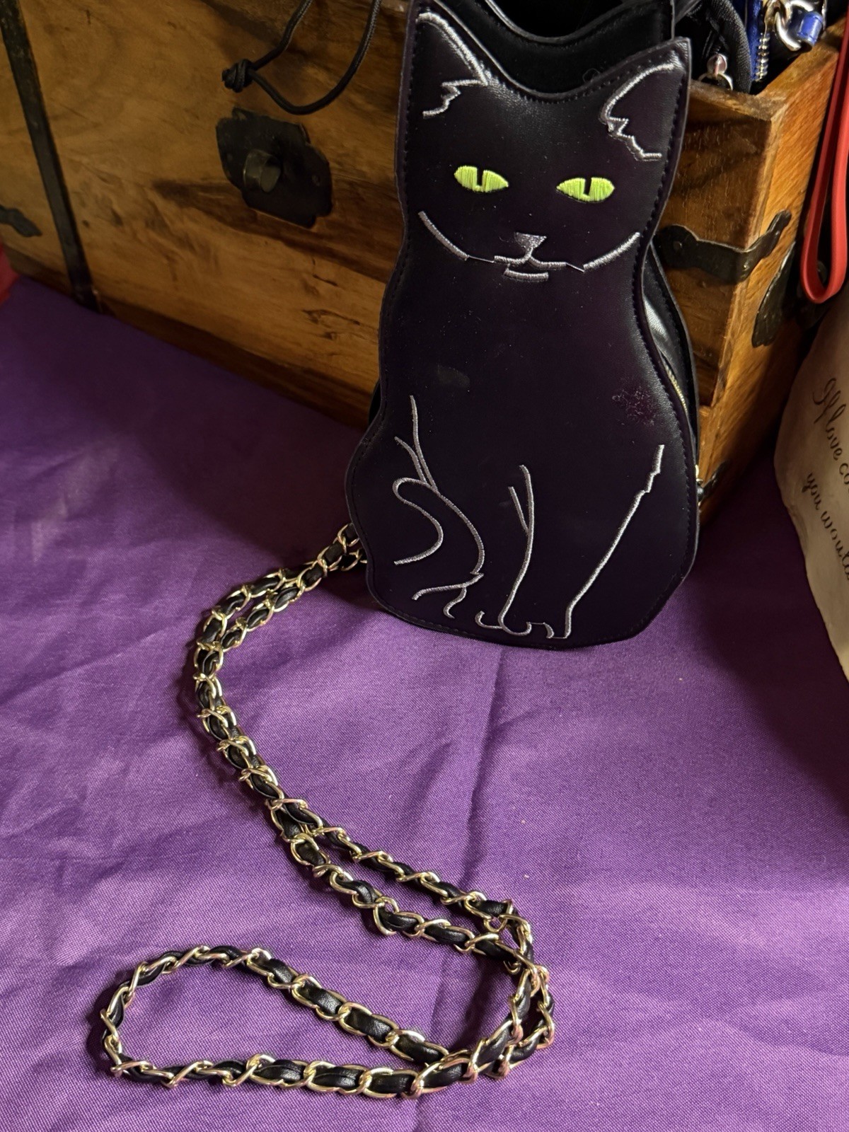 Black Cat Shaped Small Women’s Crossbody Purse Gold Chain Strap Zip Matte