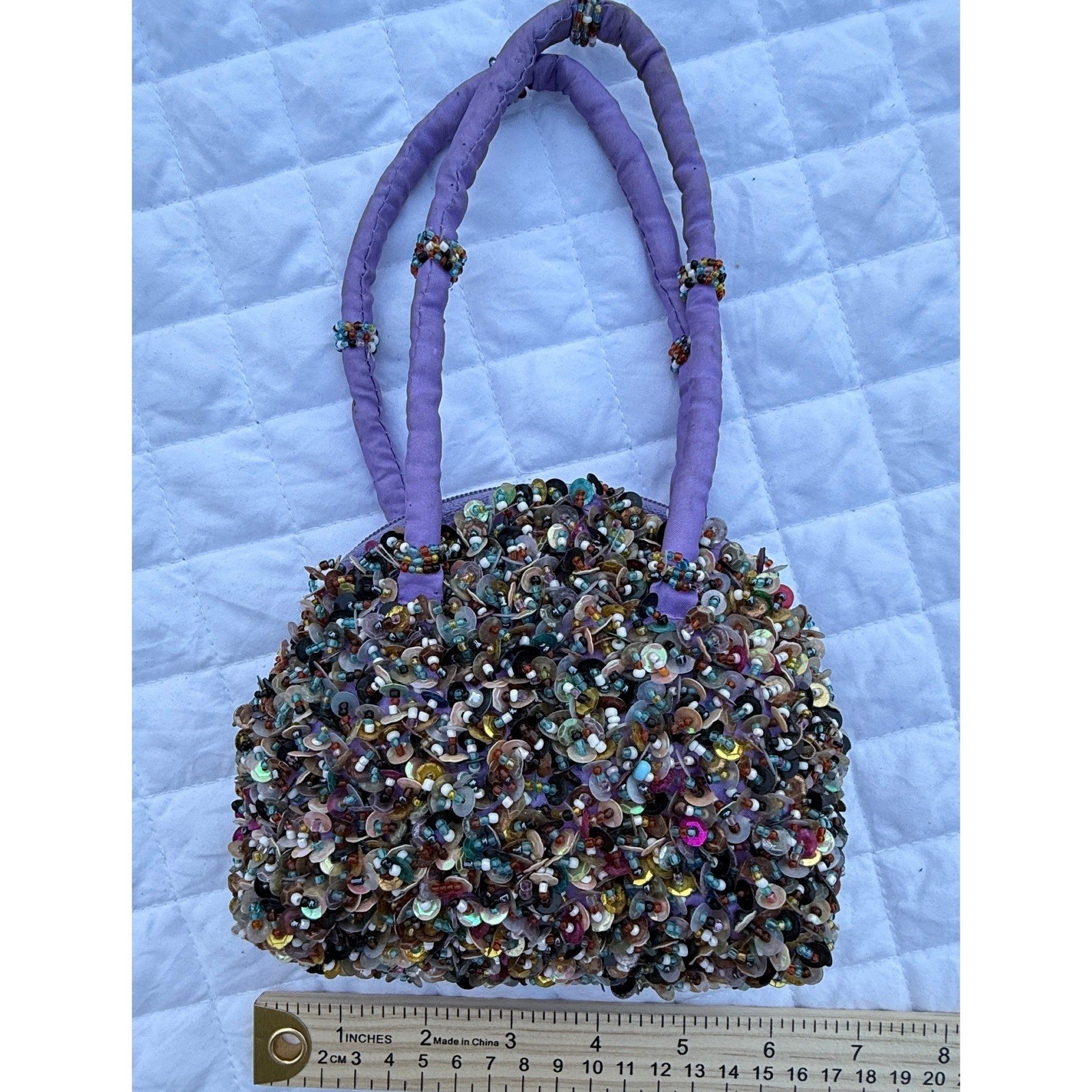 Kitschy Artsty Purple Beaded Sequin Mini Handbag Multi Color Embellished Purse