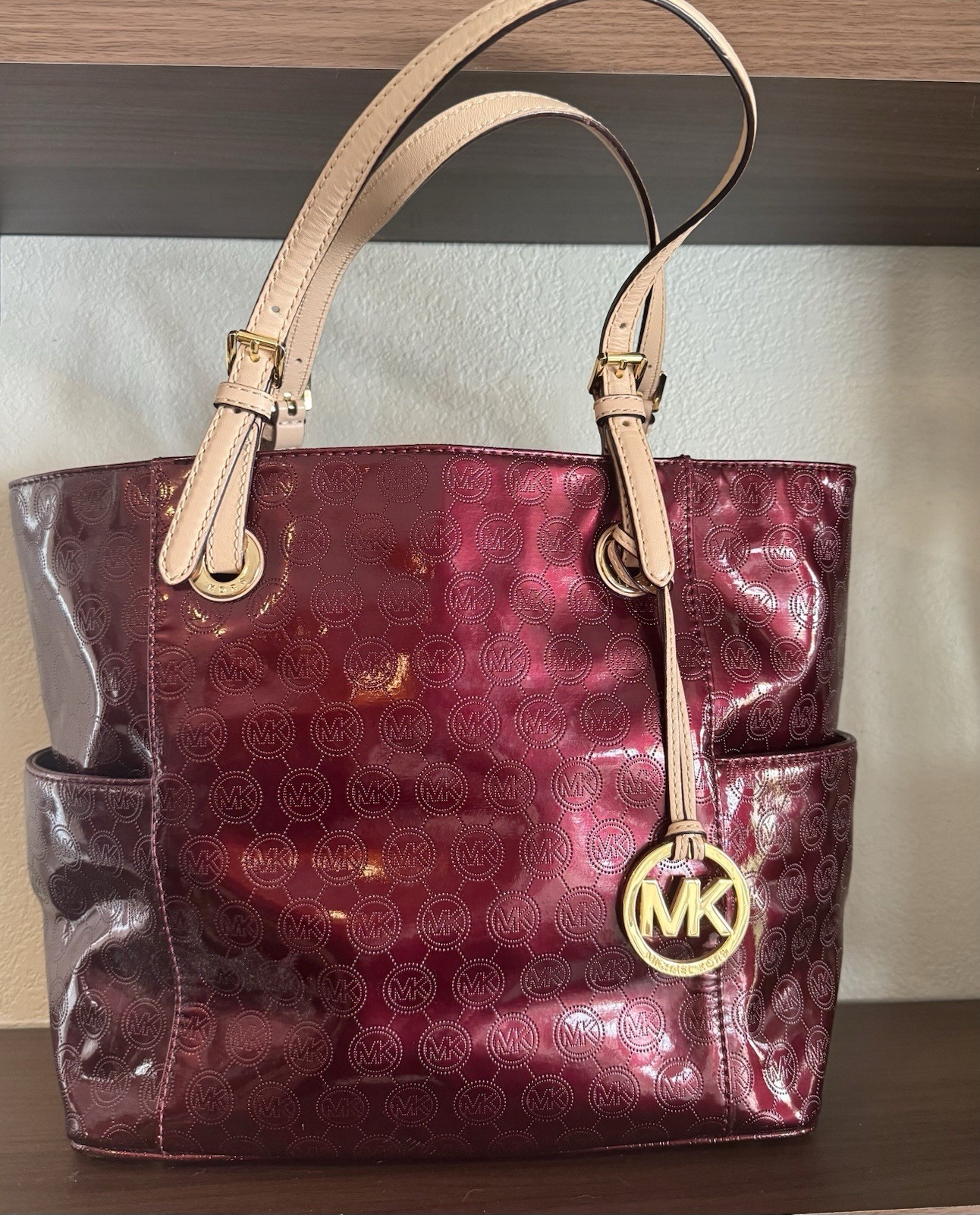 Michael Kors Large Leather Burgundy Tote Bag With Cream Straps And Gold Hardware
