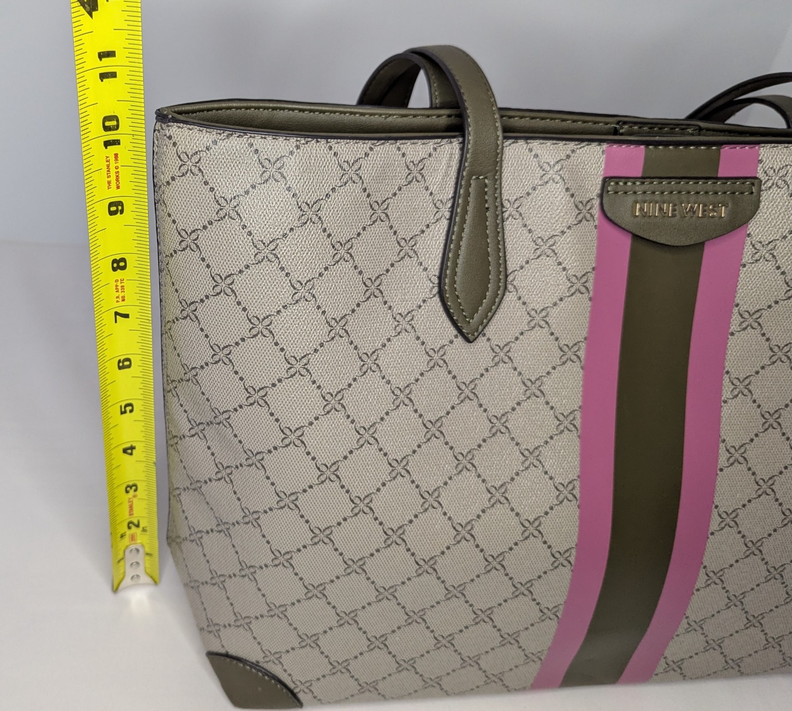 Nine West Tote Bag Featuring a Beige Geometric Print and Pink and Olive Accents