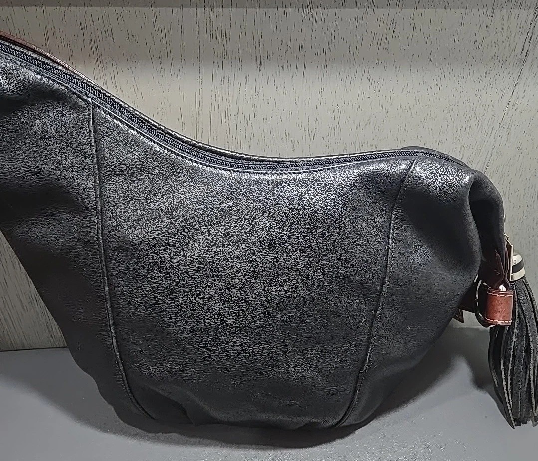 Tignanello Leather Double Zip Hobo Shoulder Bag Black with Brown Trim and Tassle