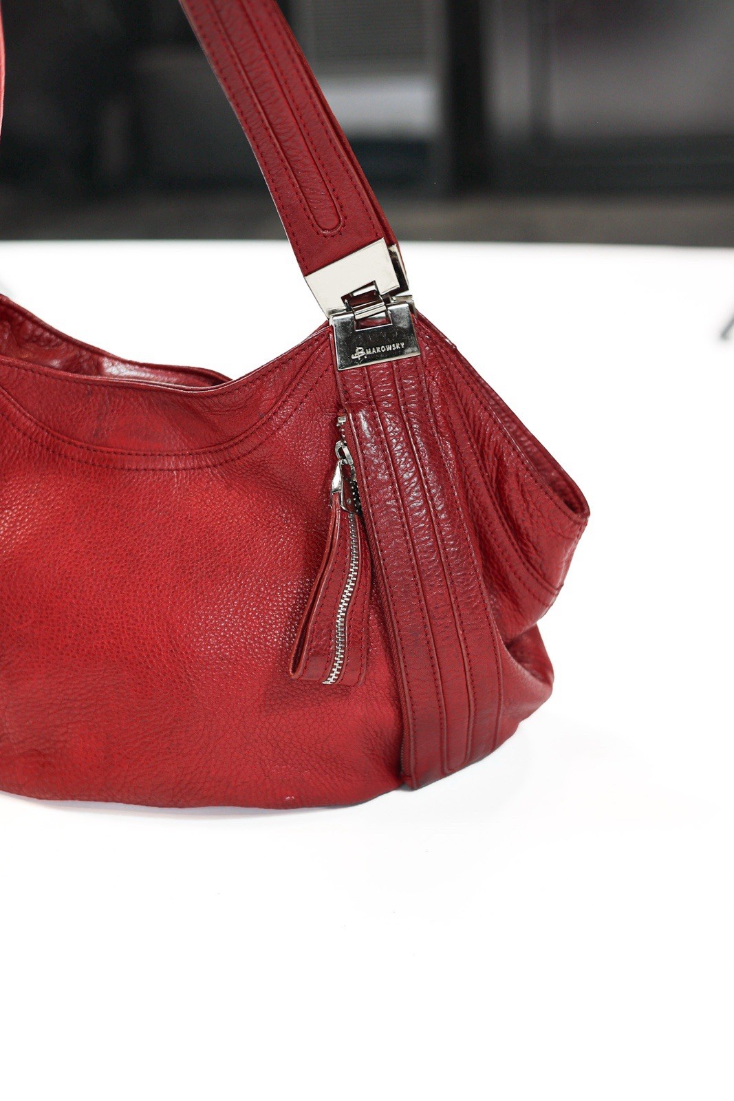 B. Makowsky Genuine Leather Red Hobo Shoulder Bag Leopard Lining Multi Pocket