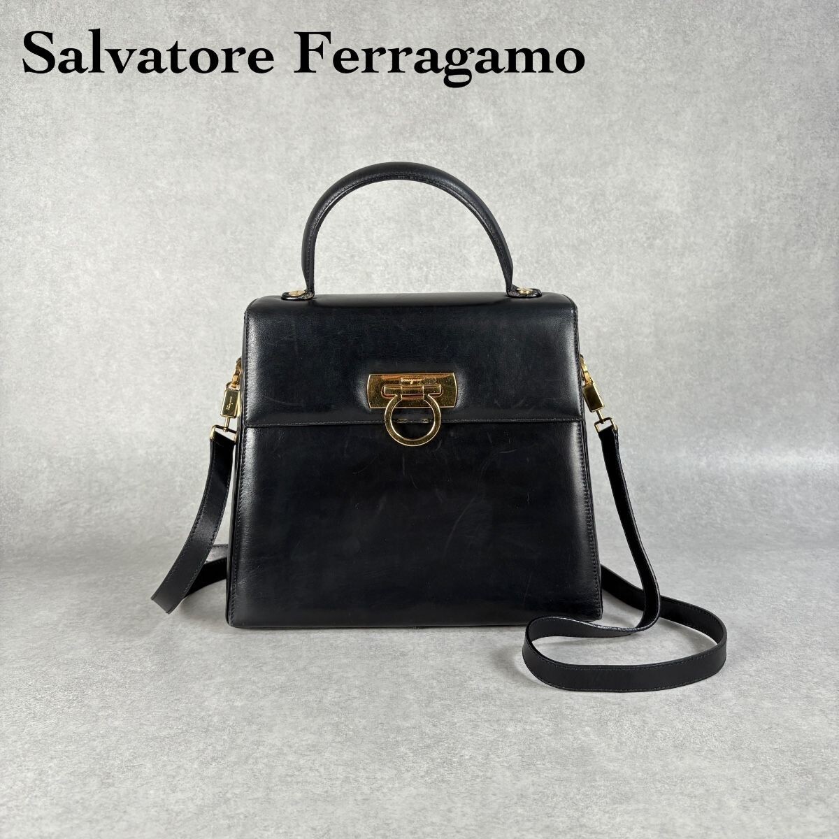 Salvatore Ferragamo Gancini Black Leather 2Way Shoulder Bag Top Handle Formal