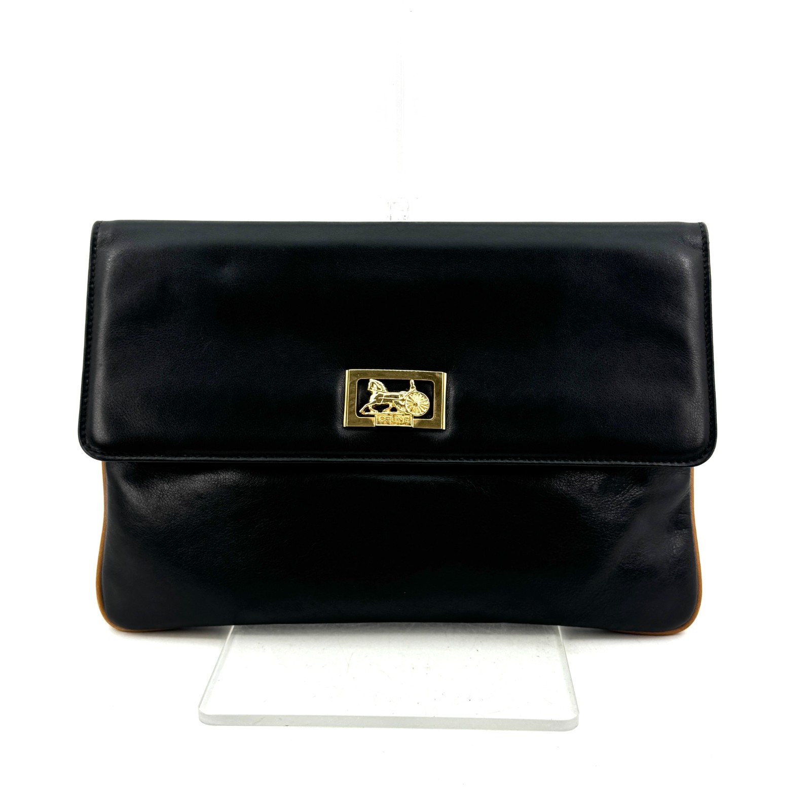 Celine Clutch Bag Black Leather Carriage Logo Vintage Women’s Made In Italy