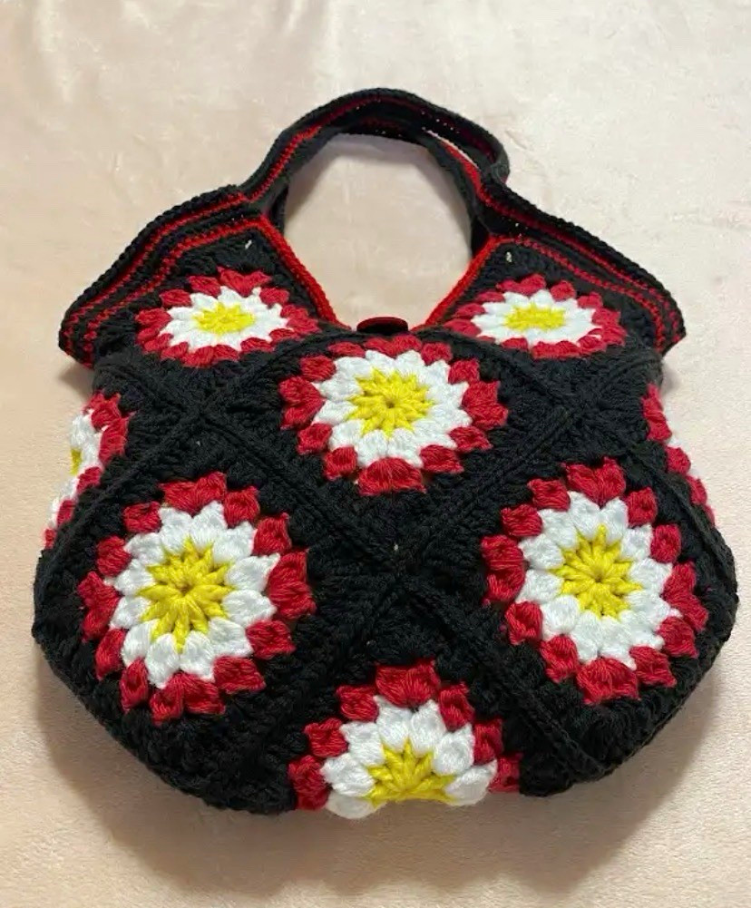 Handmade Crochet Floral Granny Square Tote Bag Button Black/Red/White/Yellow