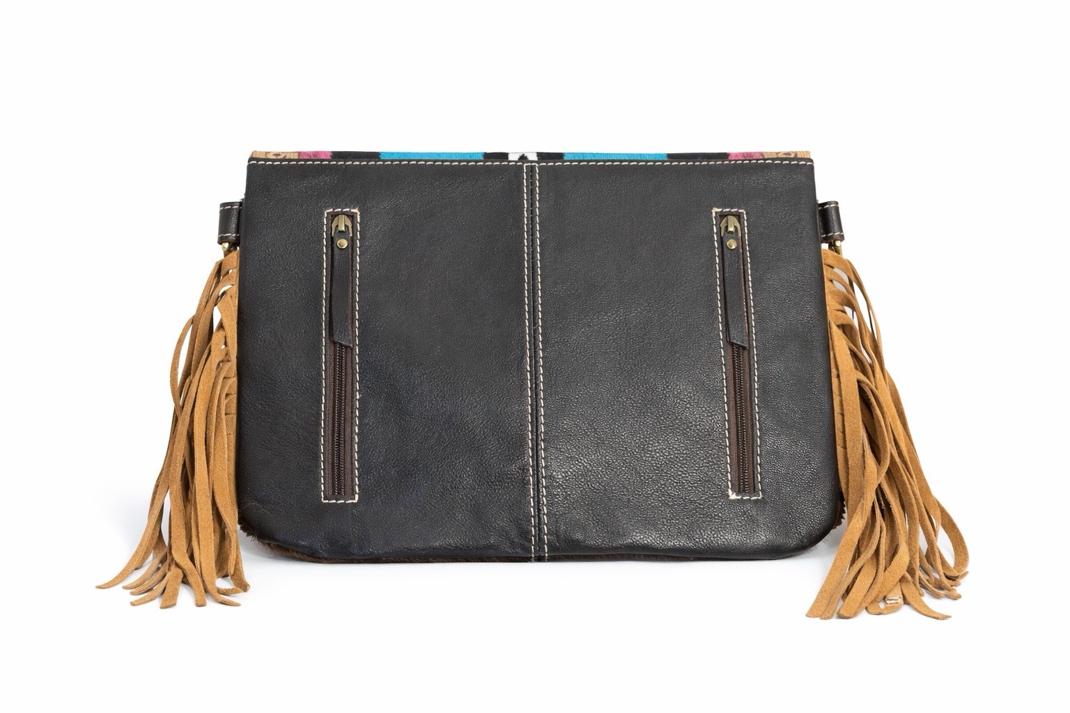 Cowhide Tooled Leather Fringe Western Aztec Crossbody Purse Sunflower