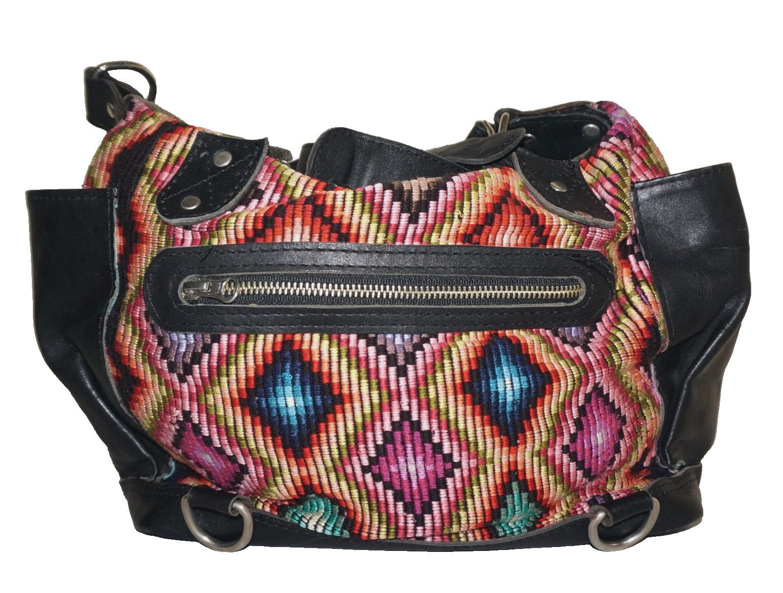 HIPTIPICO Multicolor Textile & Black Leather Slouchy Shoudler Bag 10×12