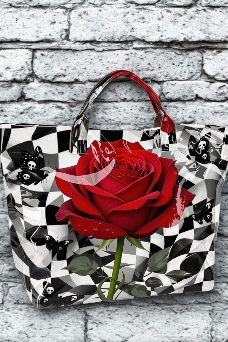 Black White Checker Rose Skull Butterfly PVC Tote Bag Large Capacity Waterproof