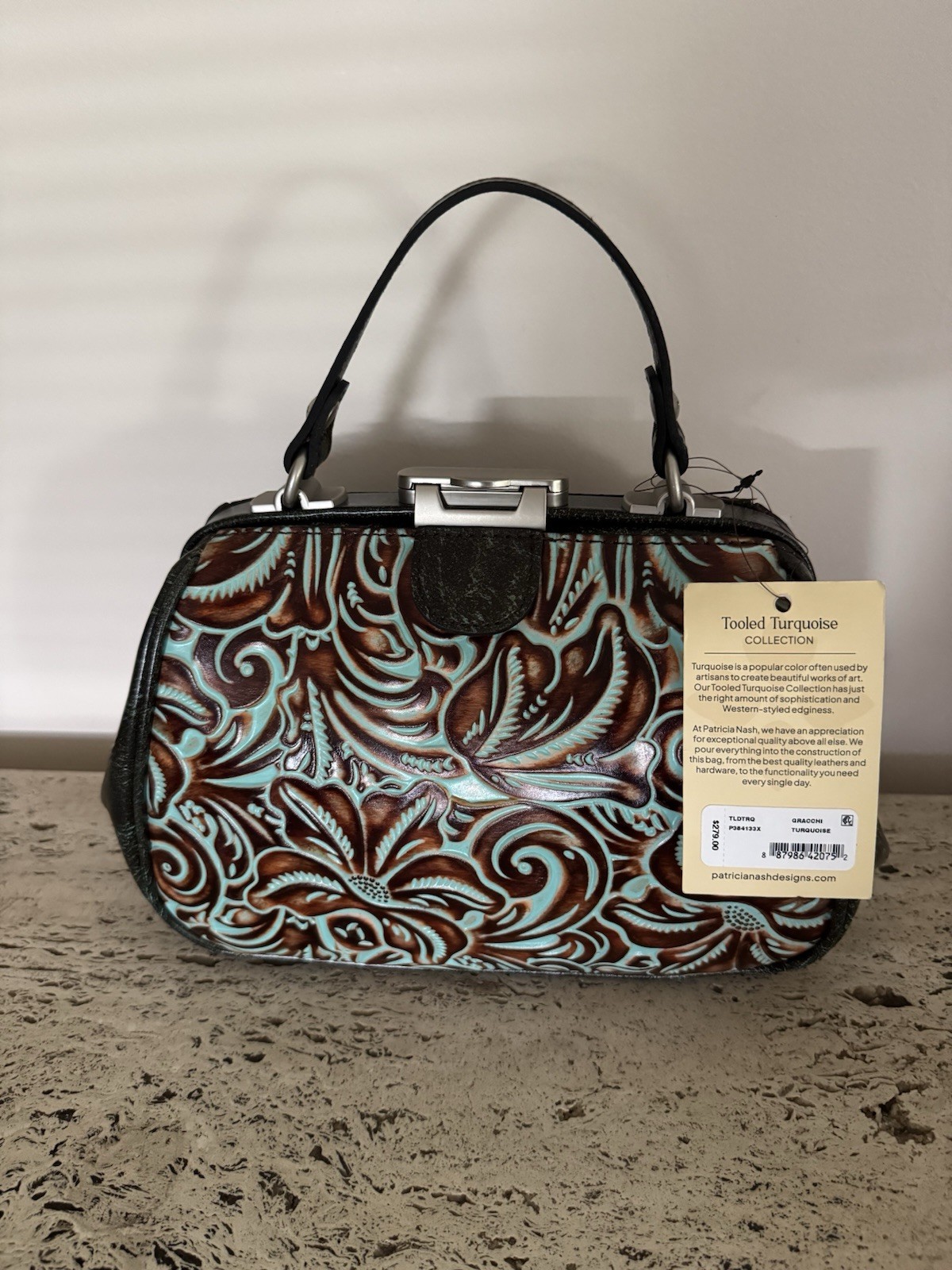 Patricia Nash Gracchi Turquoise Tooled Leather Frame Satchel. MSRP $279