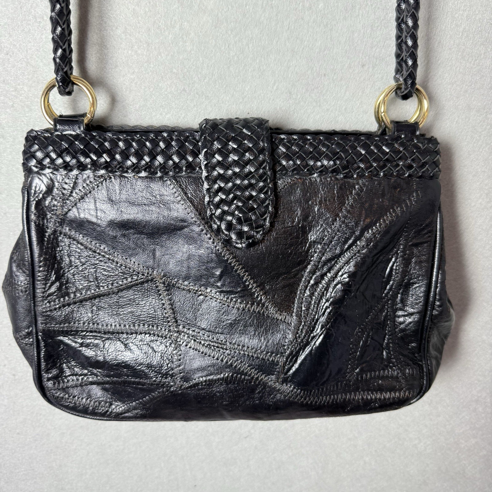 Vintage Warren Reed Black Faux Leather Woven Strap Snap Closure Shoulder Bag
