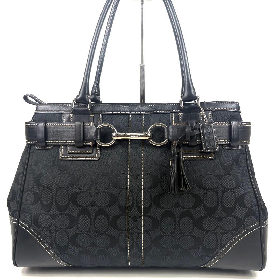 Coach Signature Black Canvas & Leather Tote Handbag with Horsebit – Used