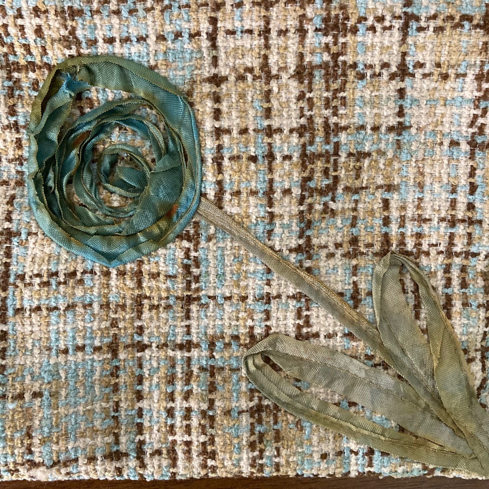 Artisan Mixed Media Tweed Crossbody Bag Ribbon Flower Geometric Embroidery Blue