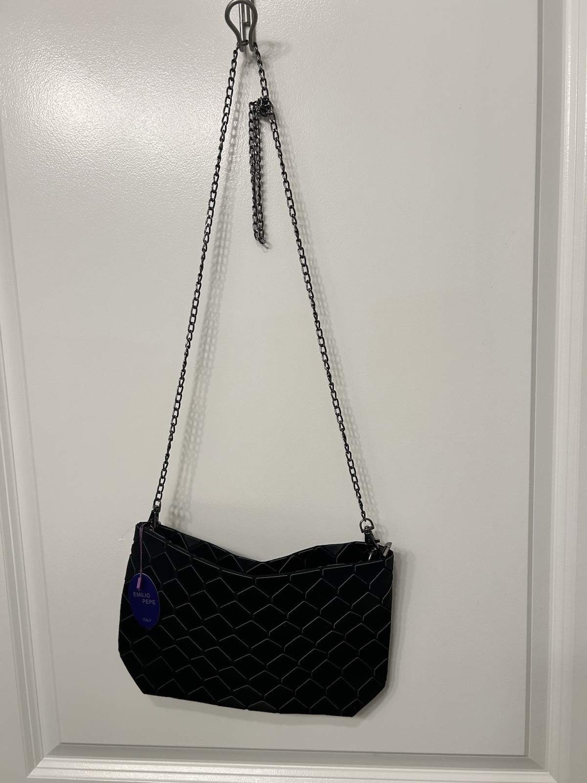 Emilio Pepe Black Geometric Quilted Shoulder Bag, Chain Strap, Zip Closure