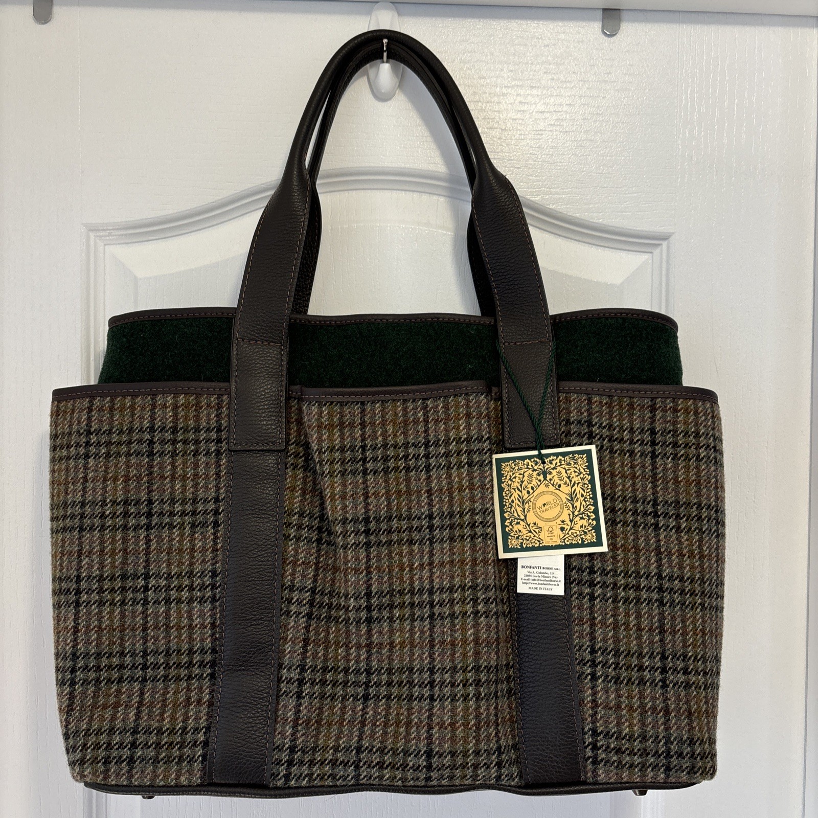 Bonfanti Luxury Wool Tweed with Leather Handles Large Tote/Bag NWT