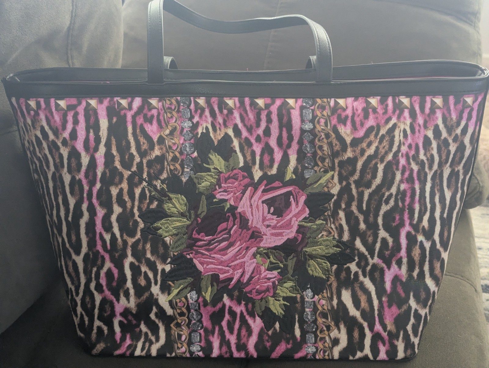 New-Betsey Johnson Leopard Rose Tote Bag Zip & Magnetic Close, Lined, Pockets