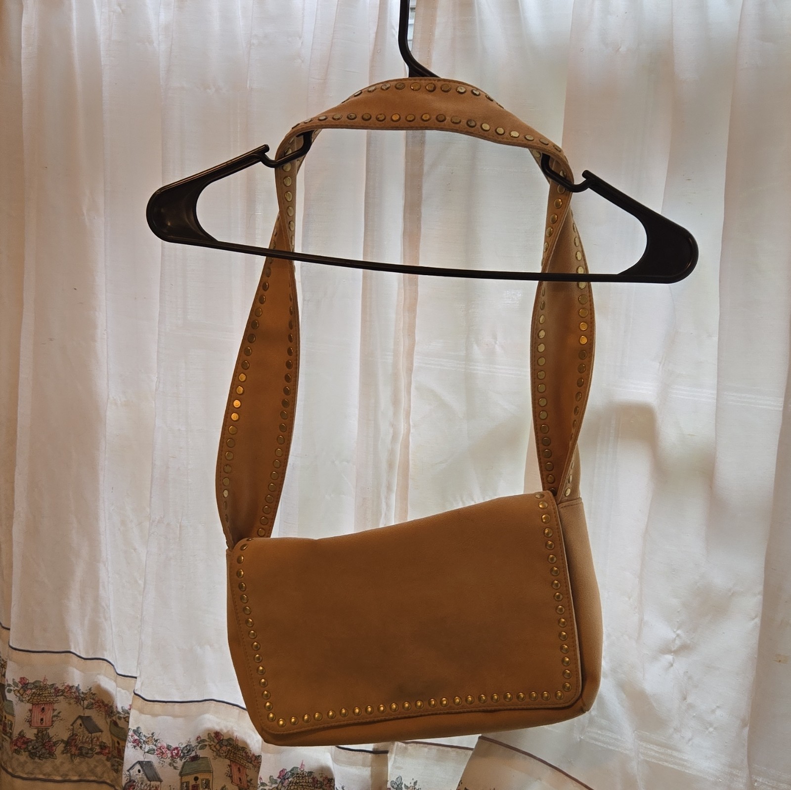 Nine West Women’s Tan Studded Shoulder Bag Zip Magnetic, Gold Hrdware Soft Suede
