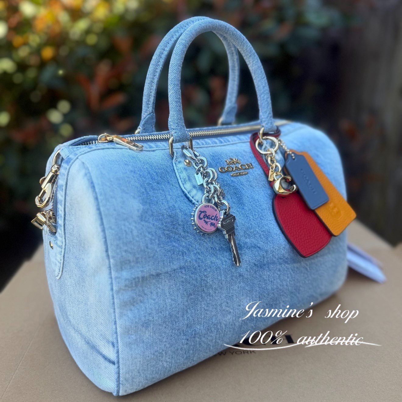 NWT Coach CDY75 Rowan Large Satchel Bag In Loved Denim With Charms Light Indigo