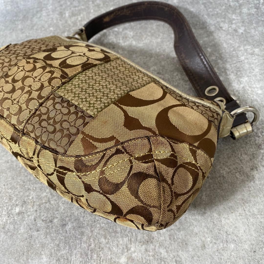 Coach Shoulder Bag F12316 Patchwork mini Signature Black Khaki Brown Good