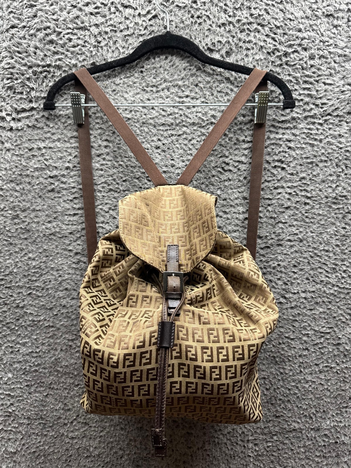Fendi Womens Tobacco Zucca Canvas and Leather Buckle Travel Backpack Brown 2262