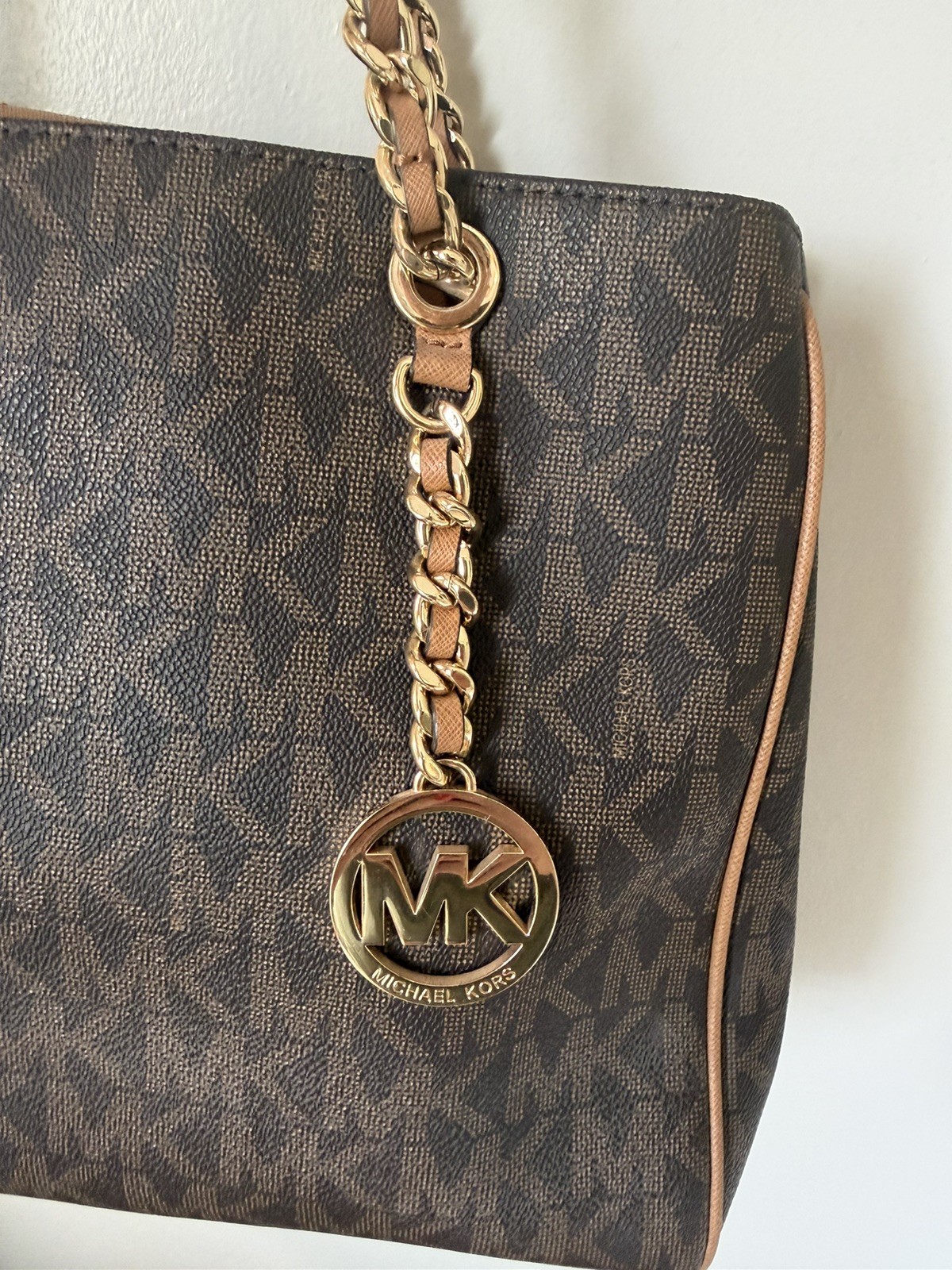 Michael Kors Monogram Tote Bag Brown Chain Gold Hardware Charm Multi Pocket