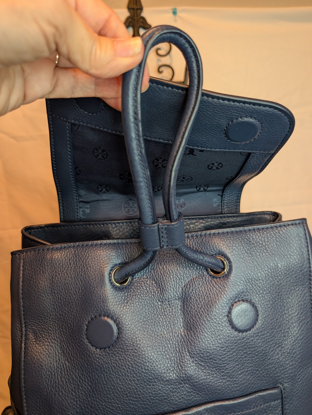 Tory Burch Britten Navy Leather Backpack W/ Gold Tone Logo