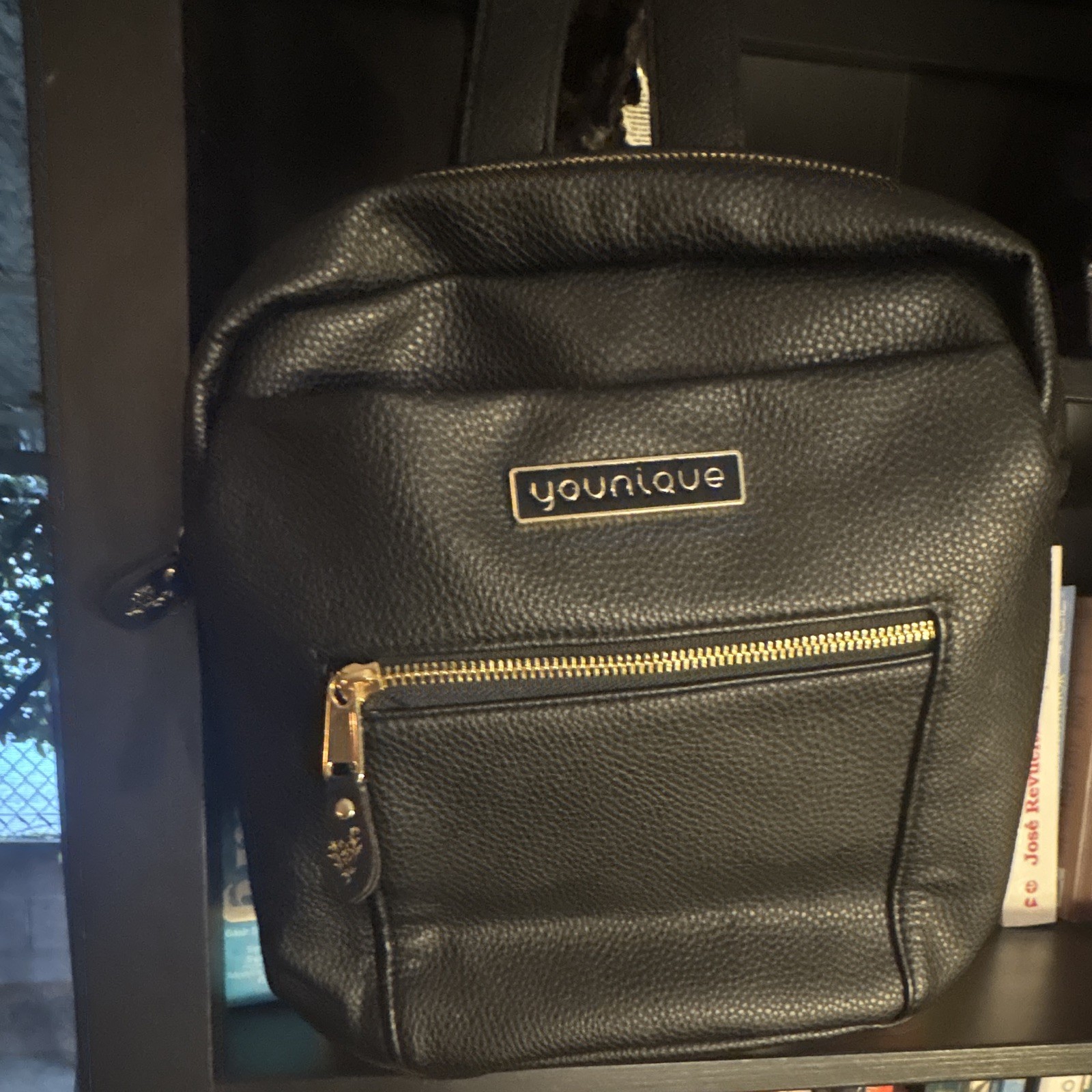 Younique Black Pebbled Backpack with Gold Hardware & Zip, Pockets, Purple Lining