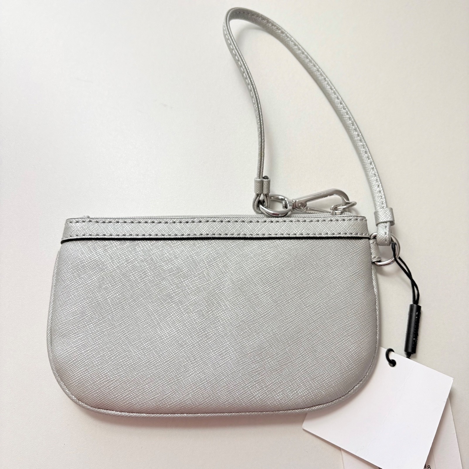 NEW Calvin Klein Dove Gray Saffiano Leather Silver Metallic Wristlet MSRP $48