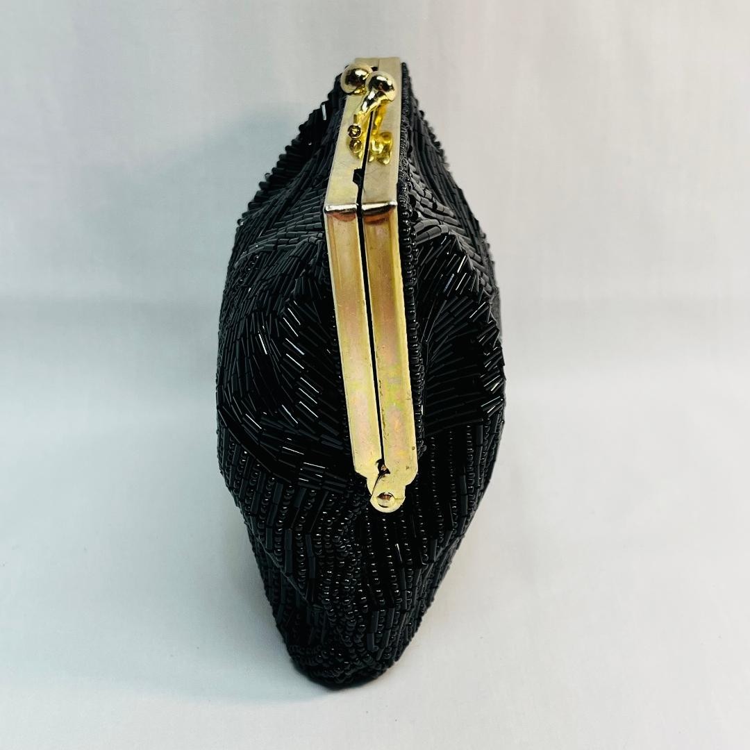 VTG Black Beaded Evening Bag Chain Shoulder Strap Pocket GoldTone3/4″Wx6″H*READ*