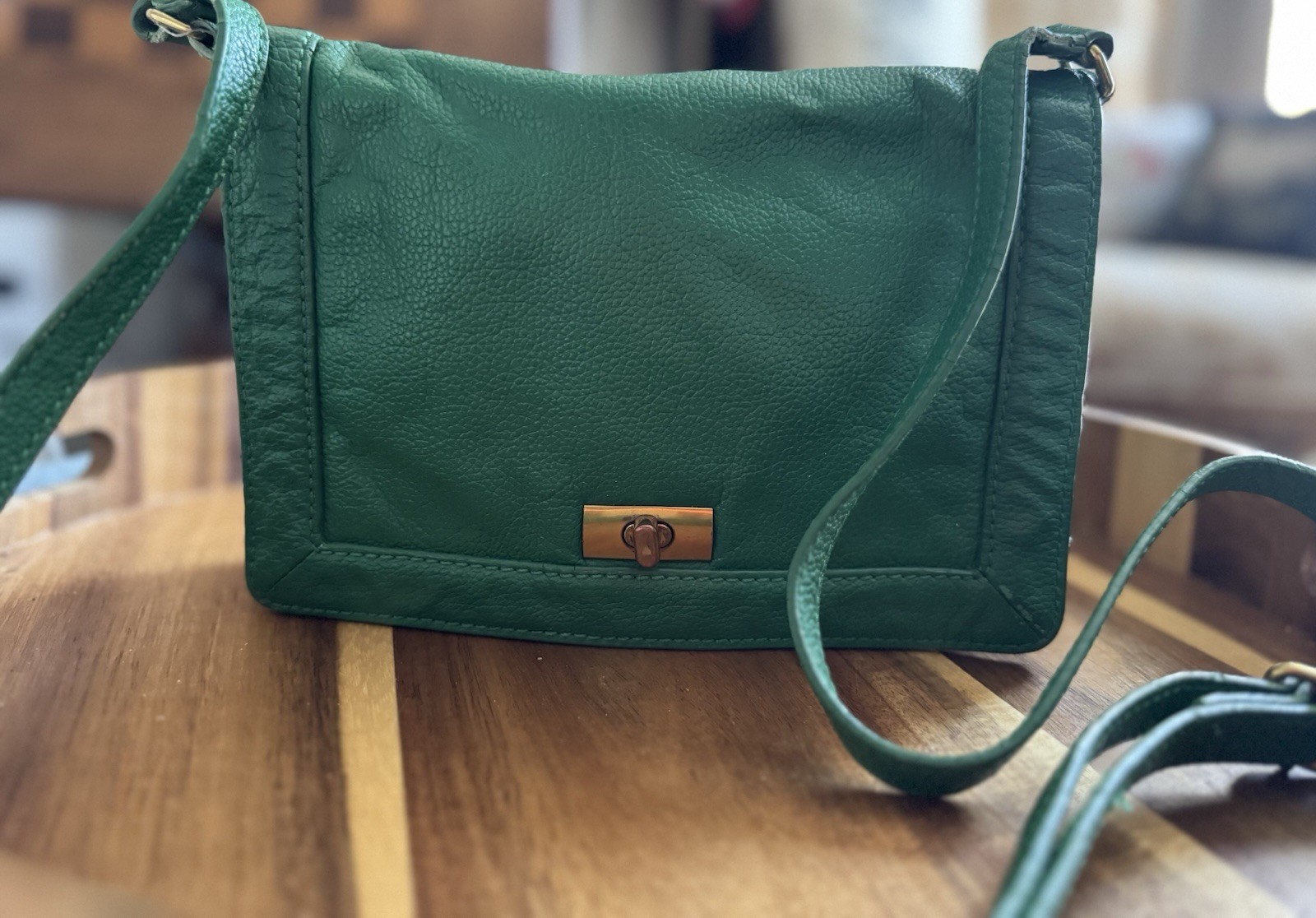 J. Crew Green Leather Flap Style Shoulder Bag Twist Lock Closure