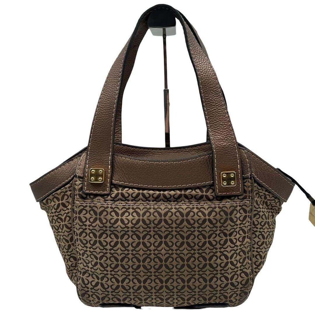LOEWE Anagram New Road Canvas Leather Handbag Tote Charm Brown Gold 22cm