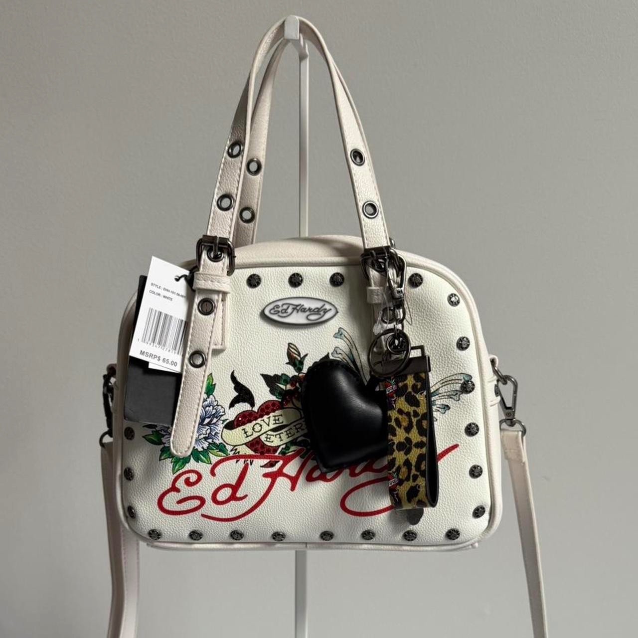 ED HARDY White LOVE ETERNAL Rhinestone LOGO Studded SATCHEL Bag w/CHARMS NWT