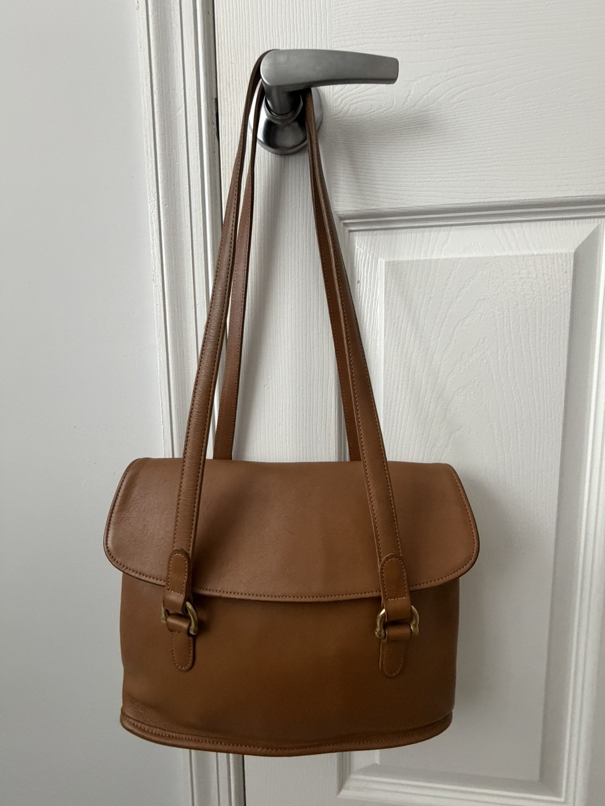 READ VTG Coach 9808 Equestrian Flap Shopper Toffee Tan Shoulder Bag Leather