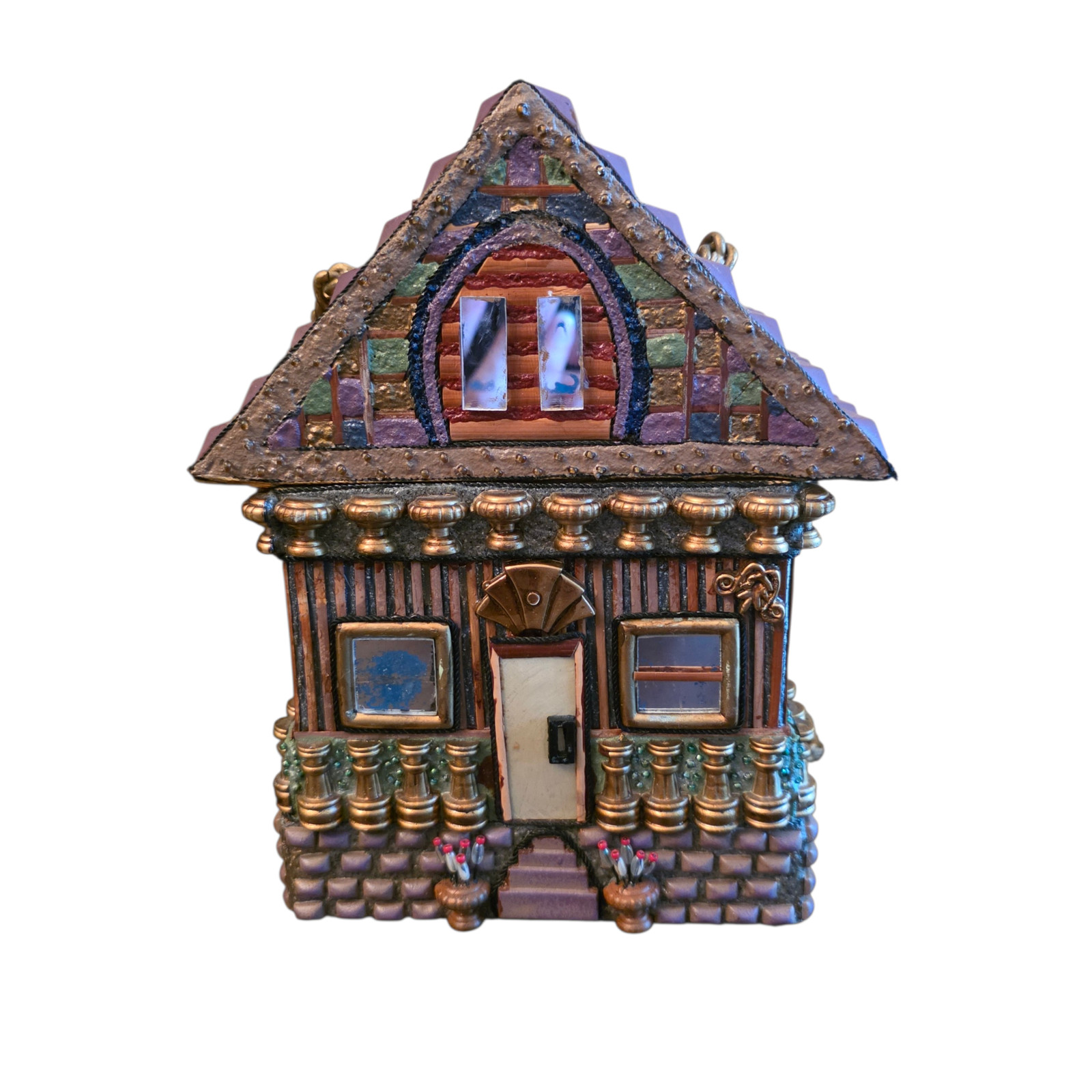 Wooden Hand Carved House Purse Novelty Box Bag Whimsical Cottage Style