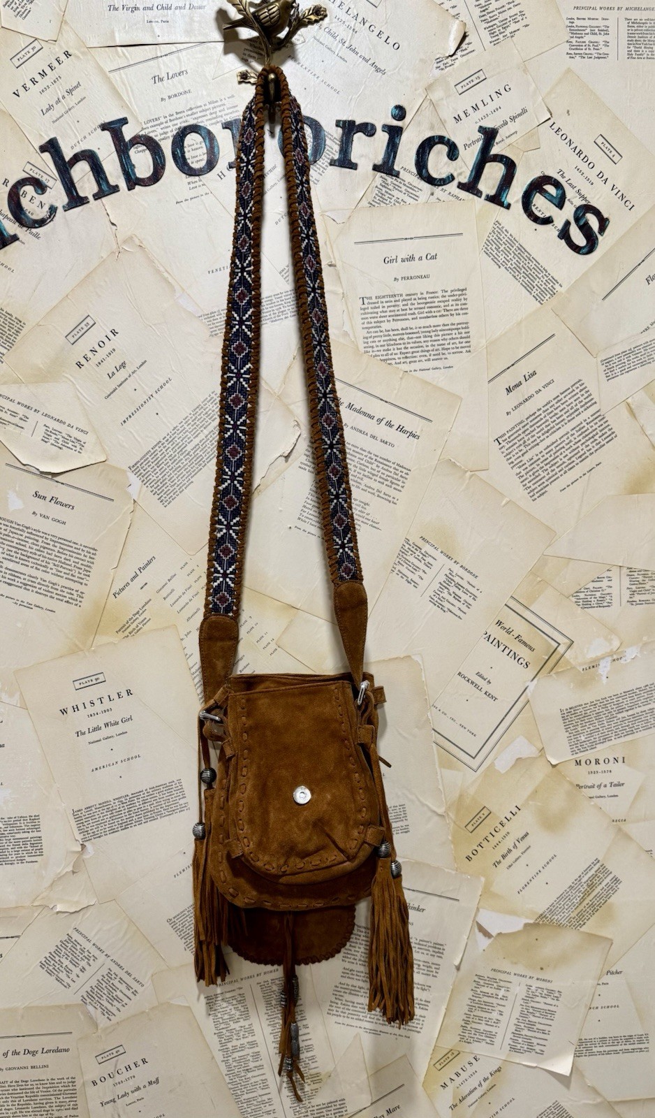 Simon Camille Crossbody Bag Embroidered Adjustable Strap Fringes Suede Brown NEW