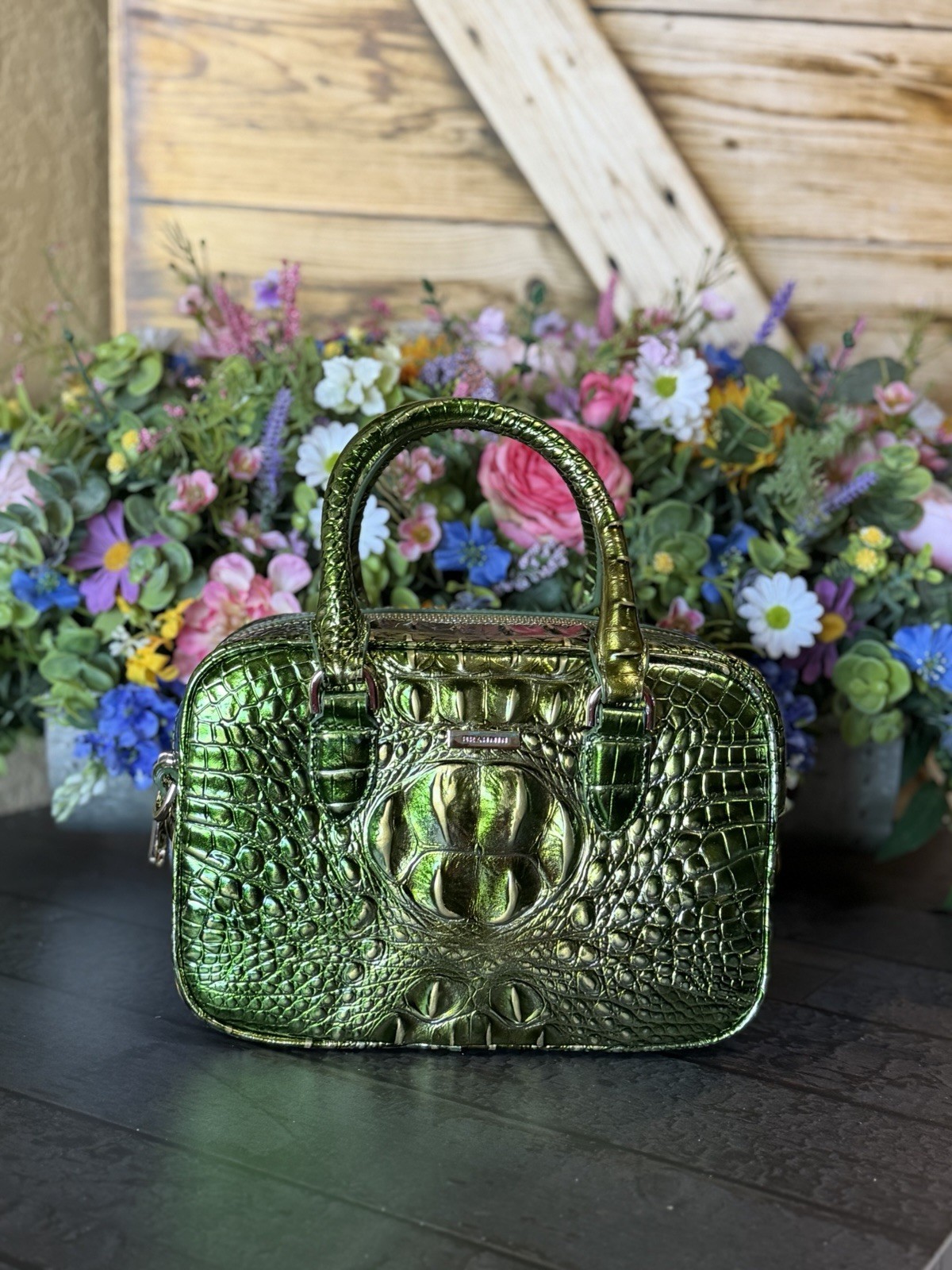 Brahmin Mara Cacti Green Satchel Pretty Eye Placement NWT Metallic Beauty