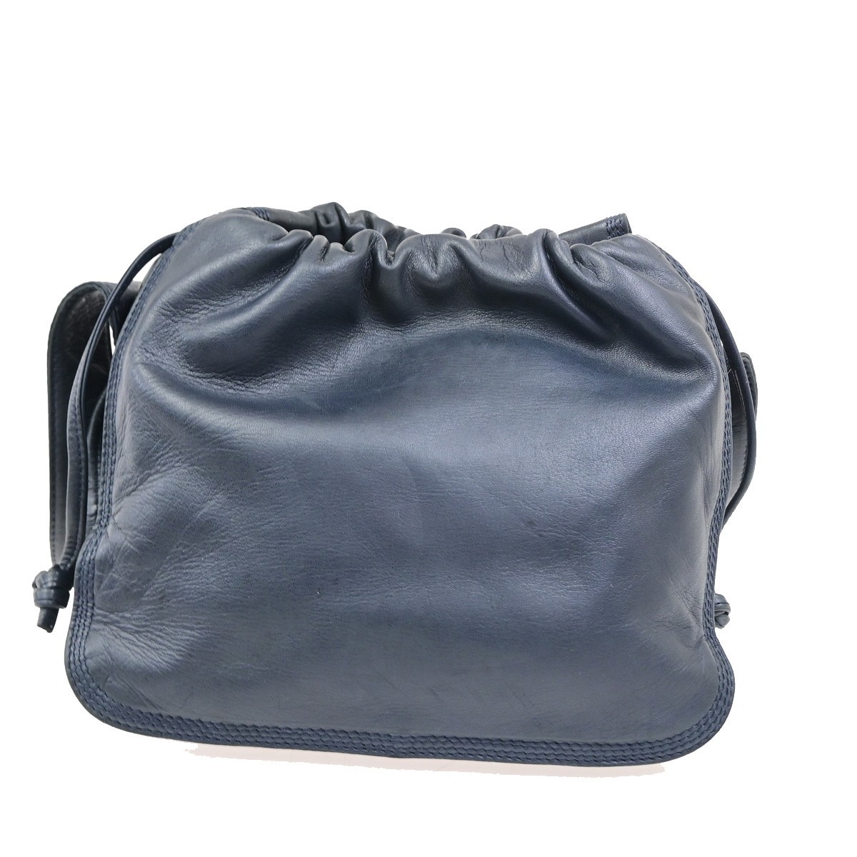 LOEWE Logo Drawstring Anagram Shoulder Bag Leather Navy Blue GHW Spain 83KD267