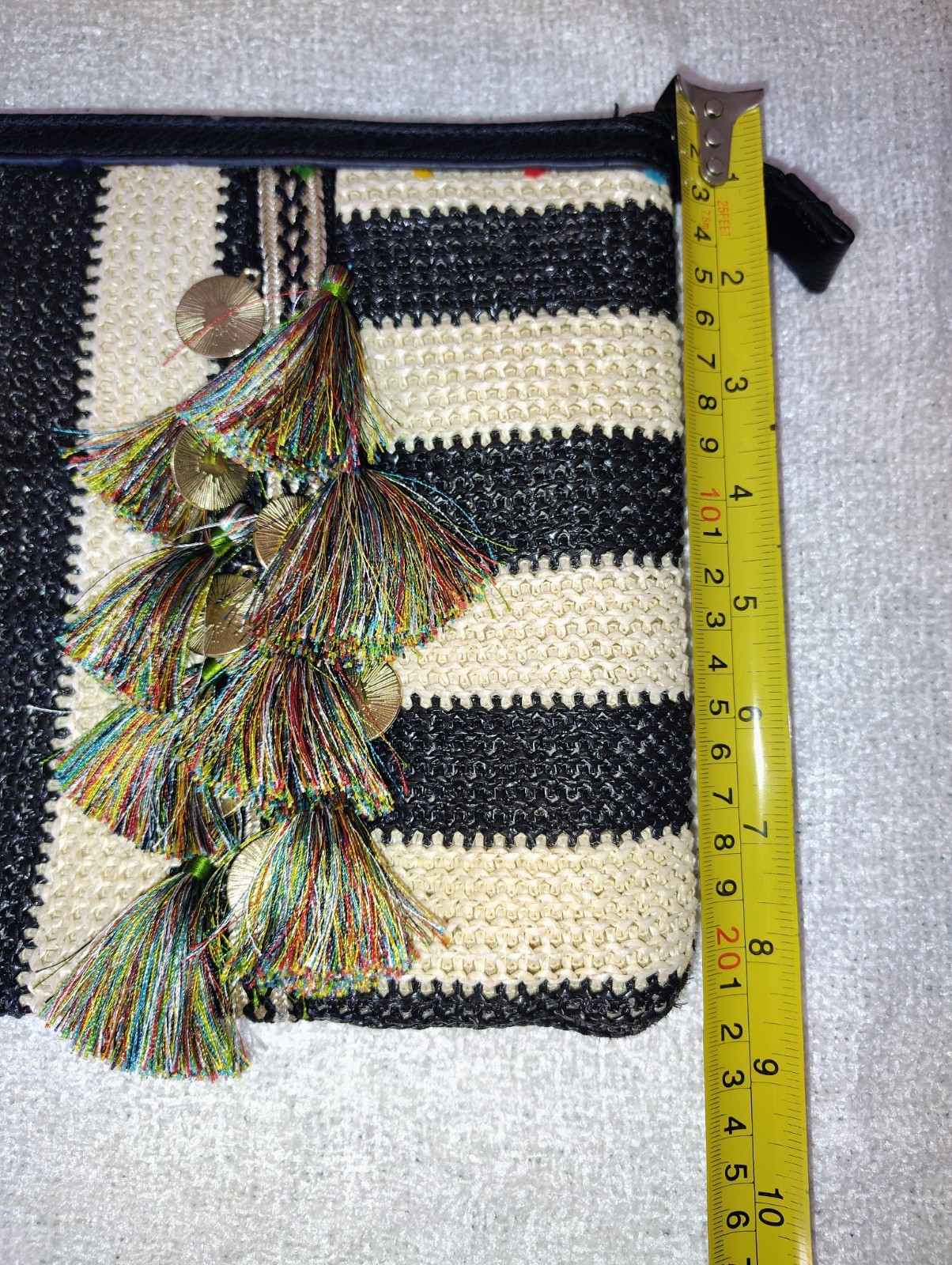 Aldo Black & Beige striped straw clutch bag rainbow tassels and gold Coins 13″