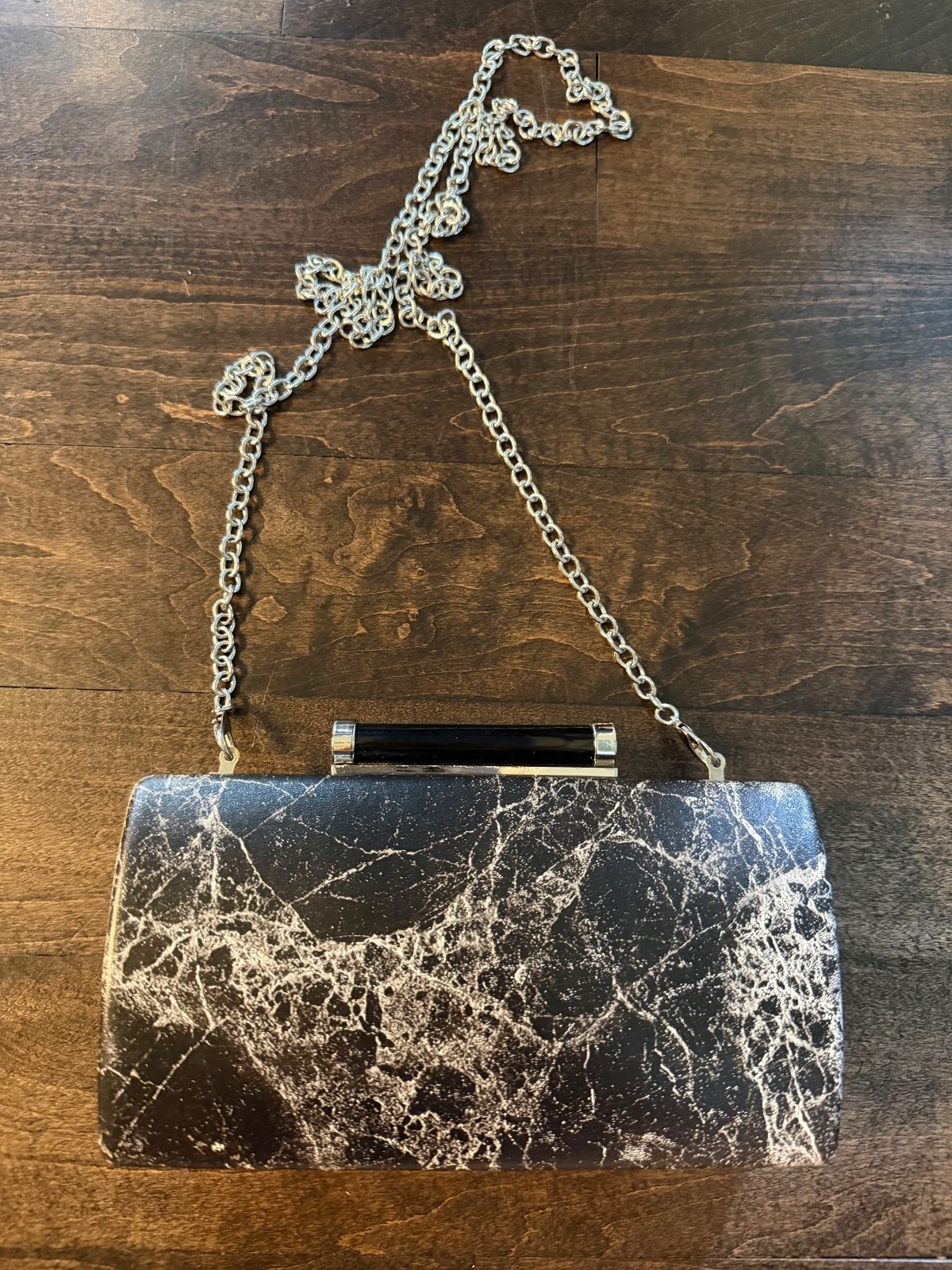 Sondra Roberts Black and White Marble Print Clutch with Chain Strap